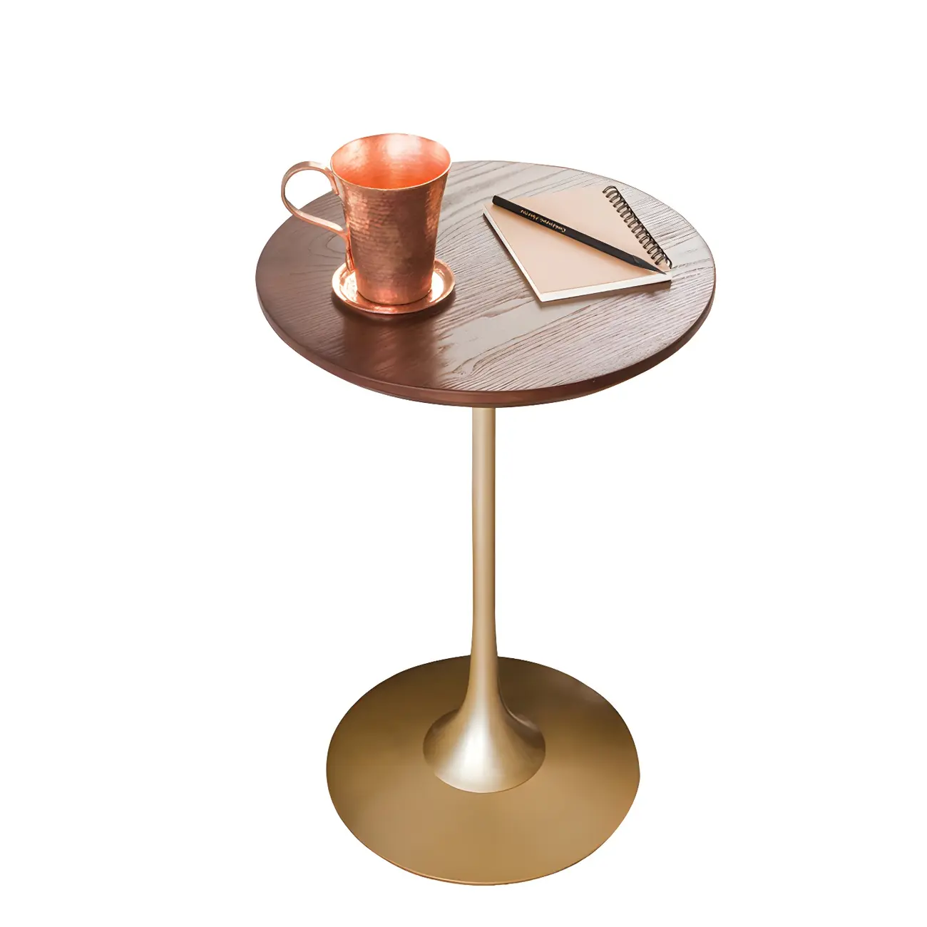 Minimalist Round Brown Wood End Table with Metal Base Image - 9 | homeyfad