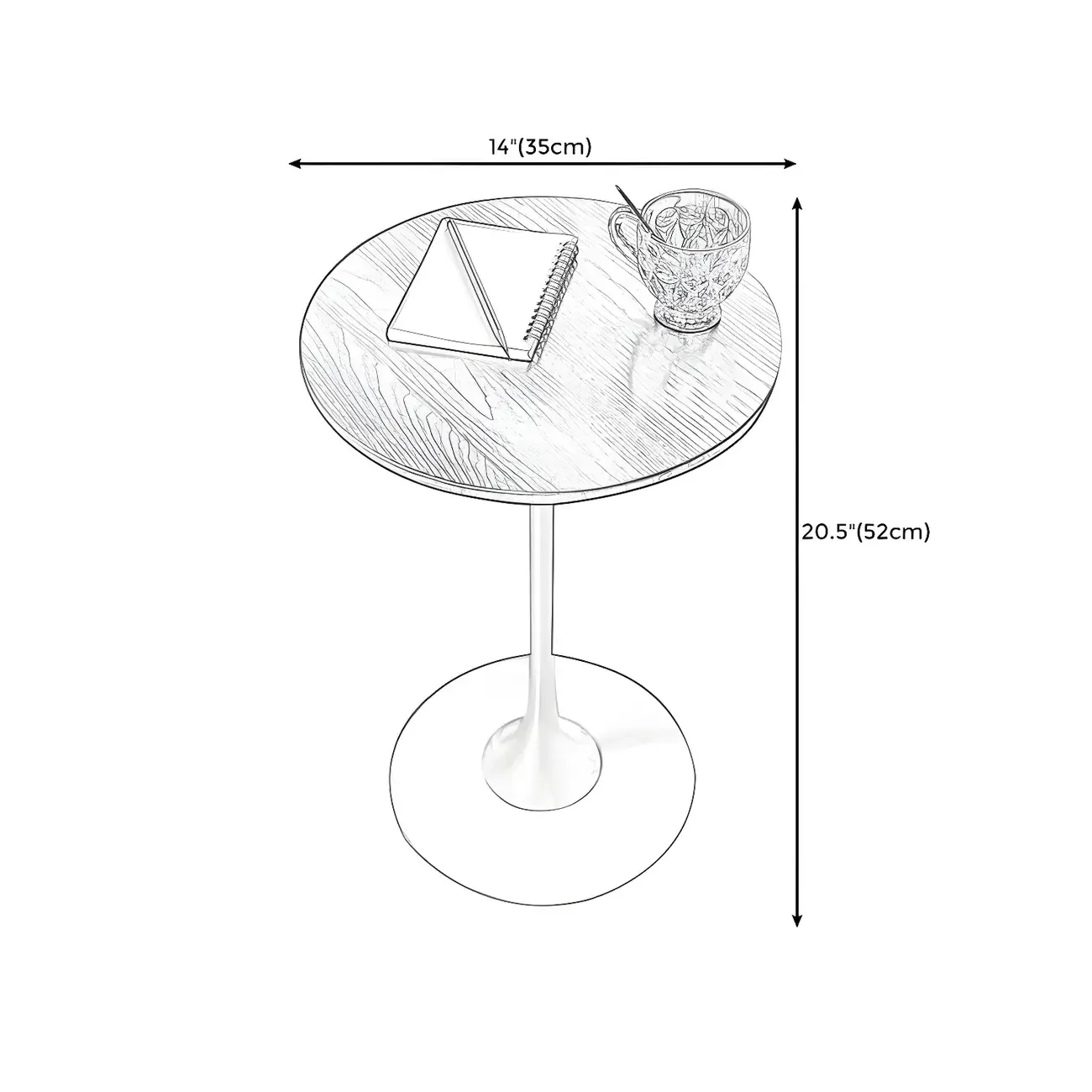 Minimalist Round Brown Wood End Table with Metal Base #size