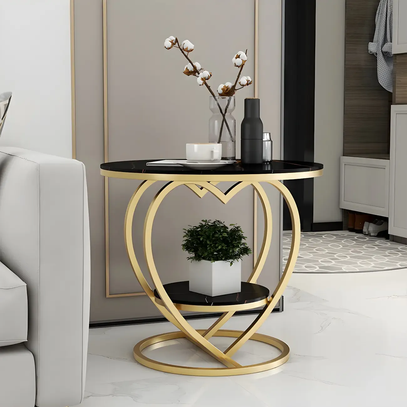 Stylish Round Marble Side Table with Storage and Gold Frame Image - 1
