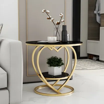 Stylish Round Marble Side Table with Storage and Gold Frame Image - 1