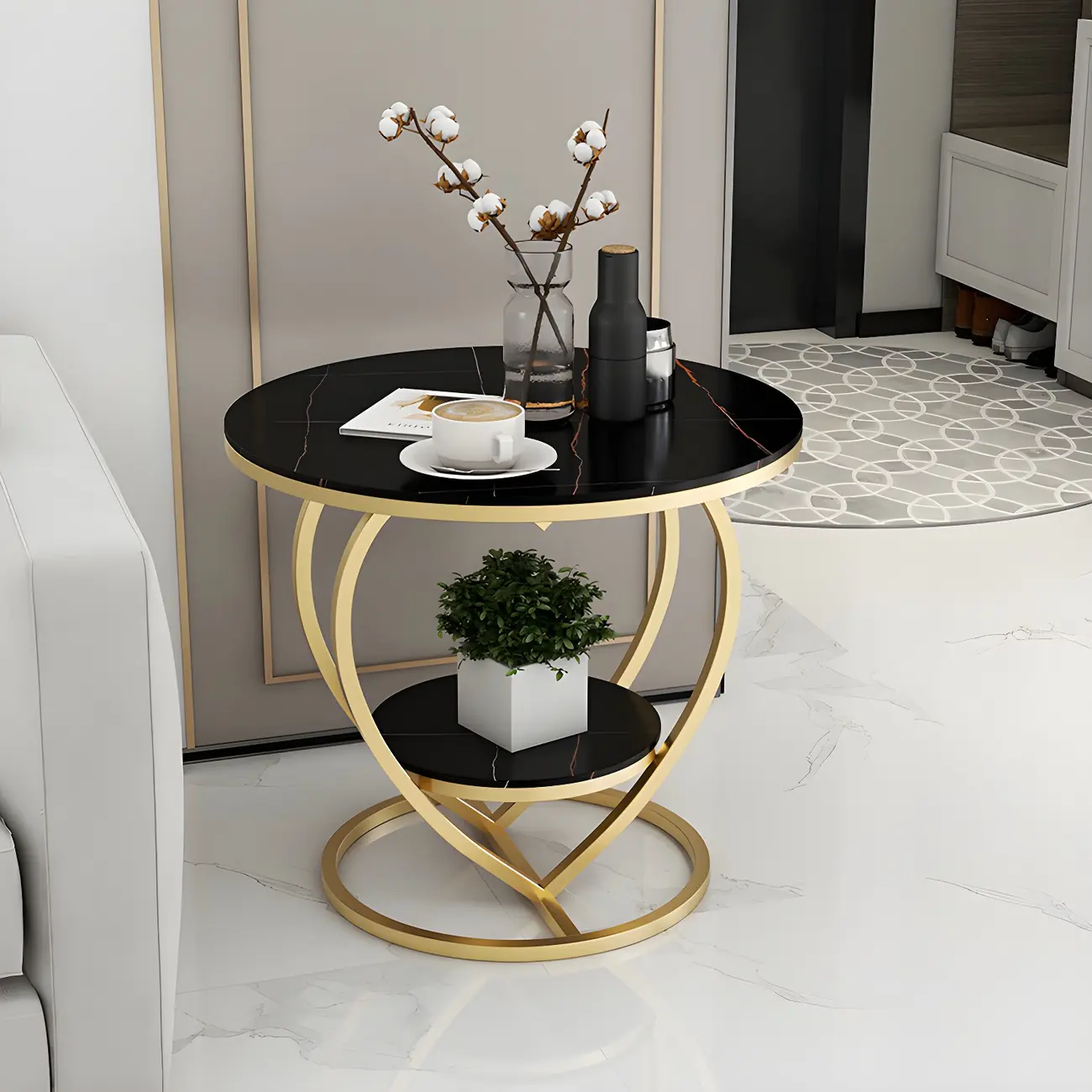 Stylish Round Marble Side Table with Storage and Gold Frame Image - 2 | homeyfad