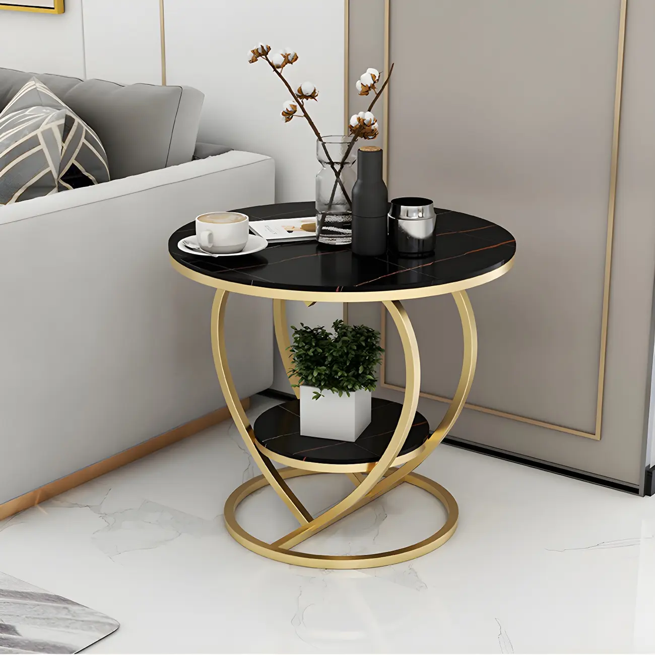 Stylish Round Marble Side Table with Storage and Gold Frame Image - 3 | homeyfad