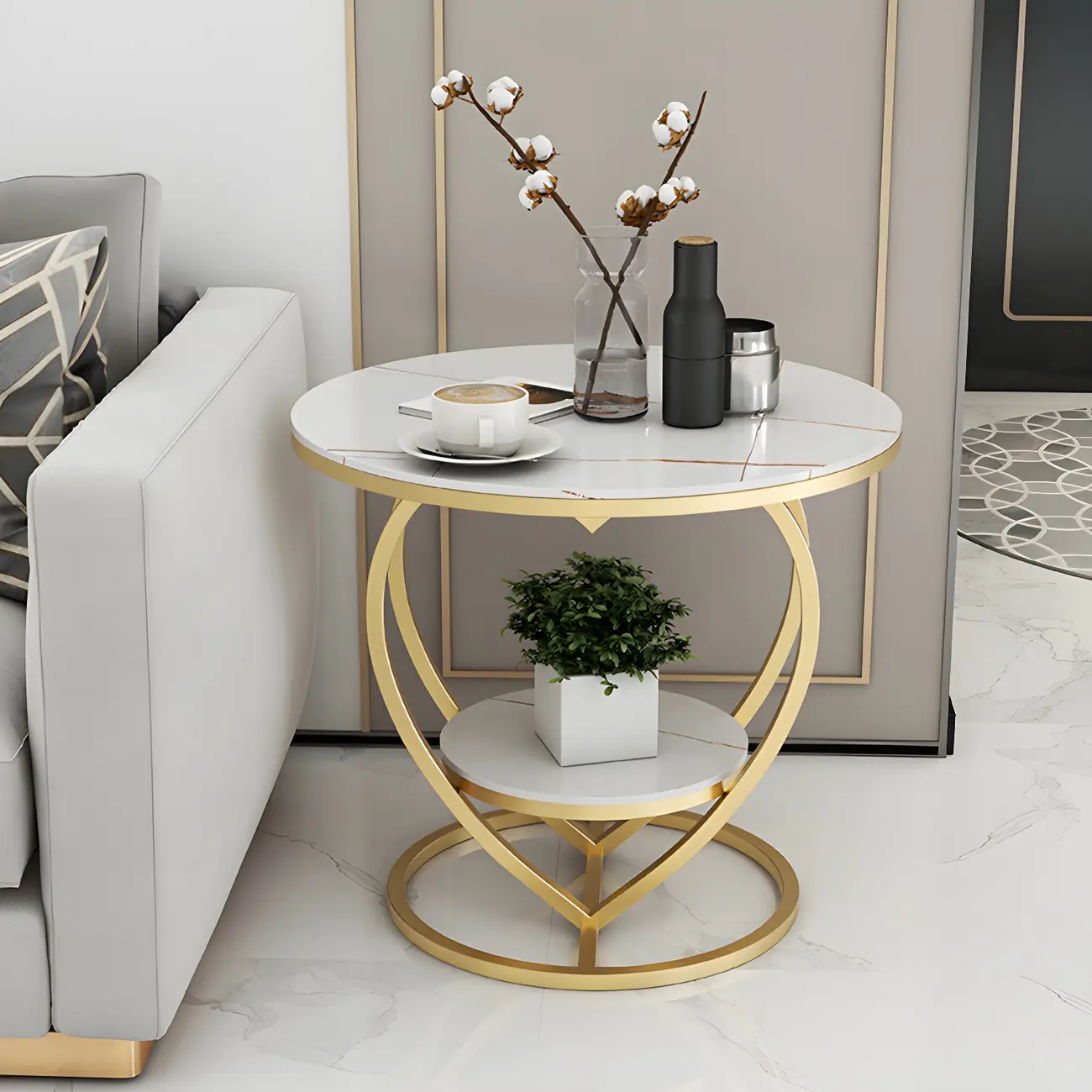 Stylish Round Marble Side Table with Storage and Gold Frame Image - 4 | homeyfad