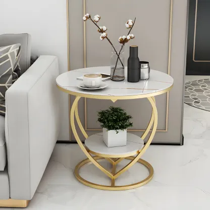 Stylish Round Marble Side Table with Storage and Gold Frame Image - 4