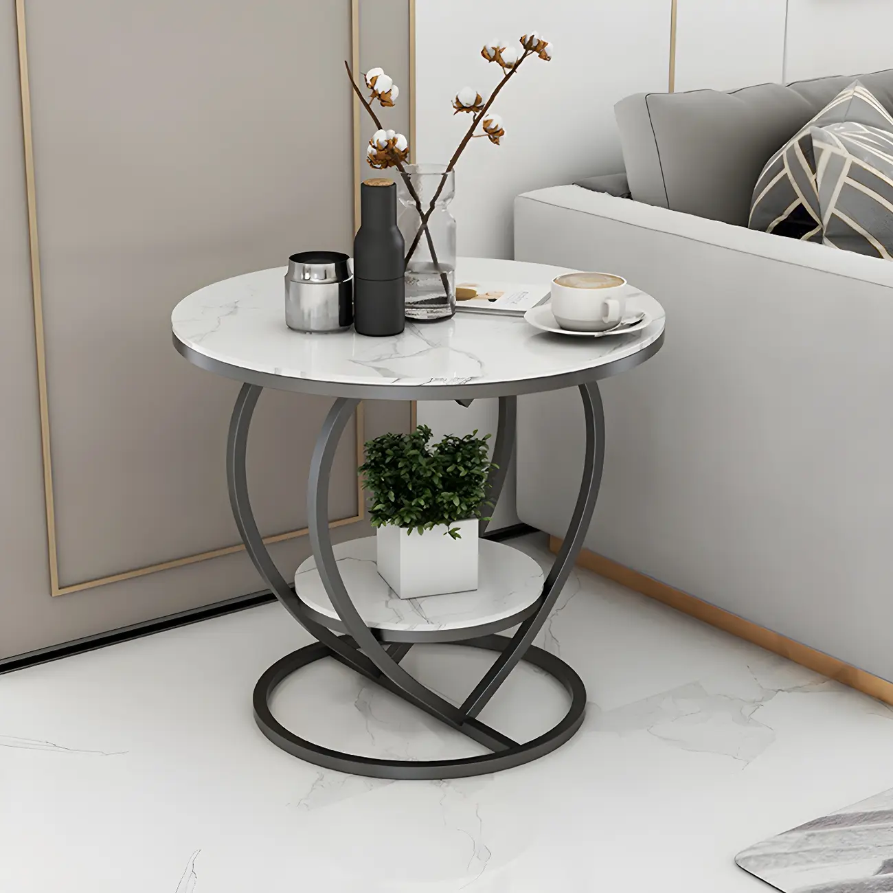 Stylish Round Marble Side Table with Storage and Gold Frame Image - 5 | homeyfad
