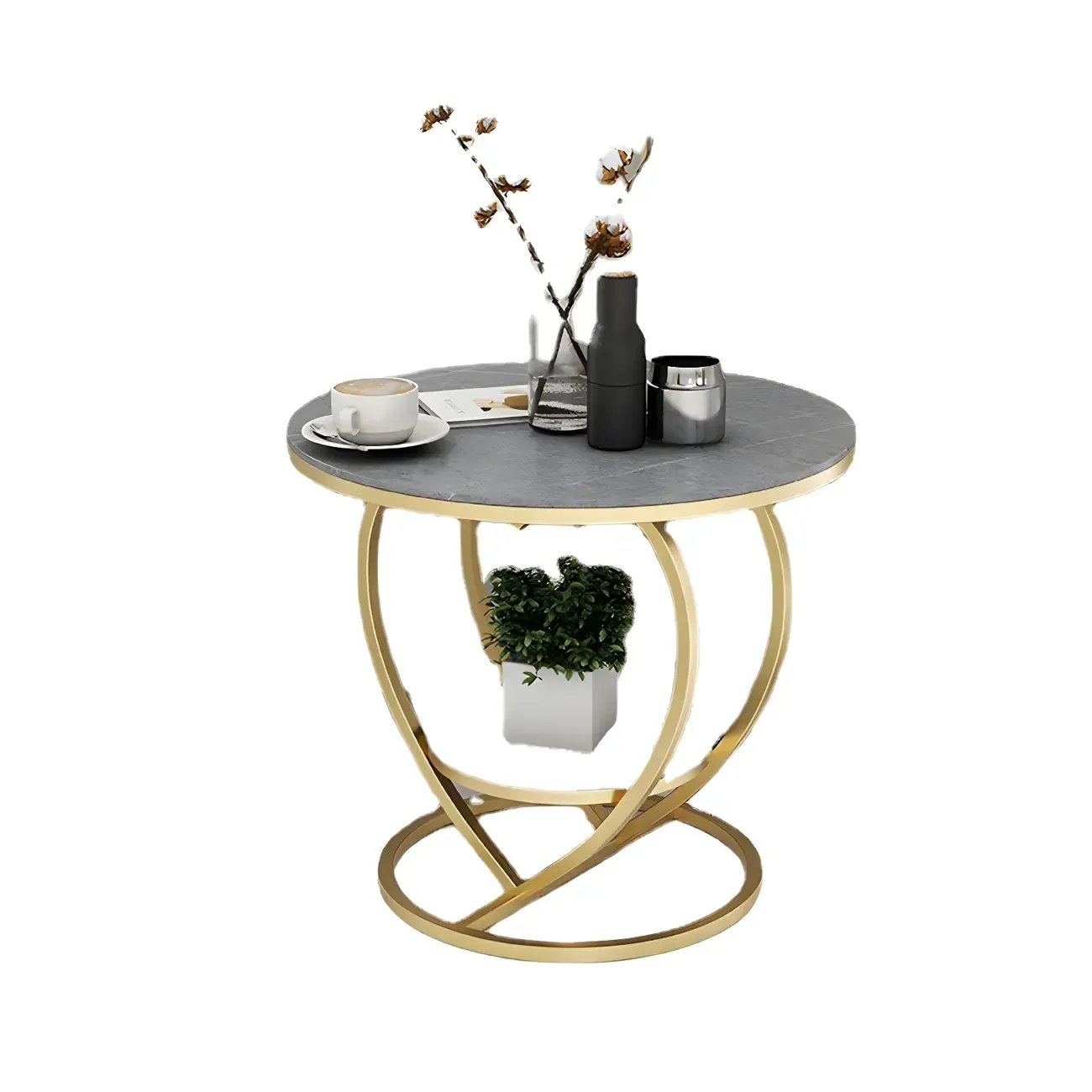 Stylish Round Marble Side Table with Storage and Gold Frame Image - 6