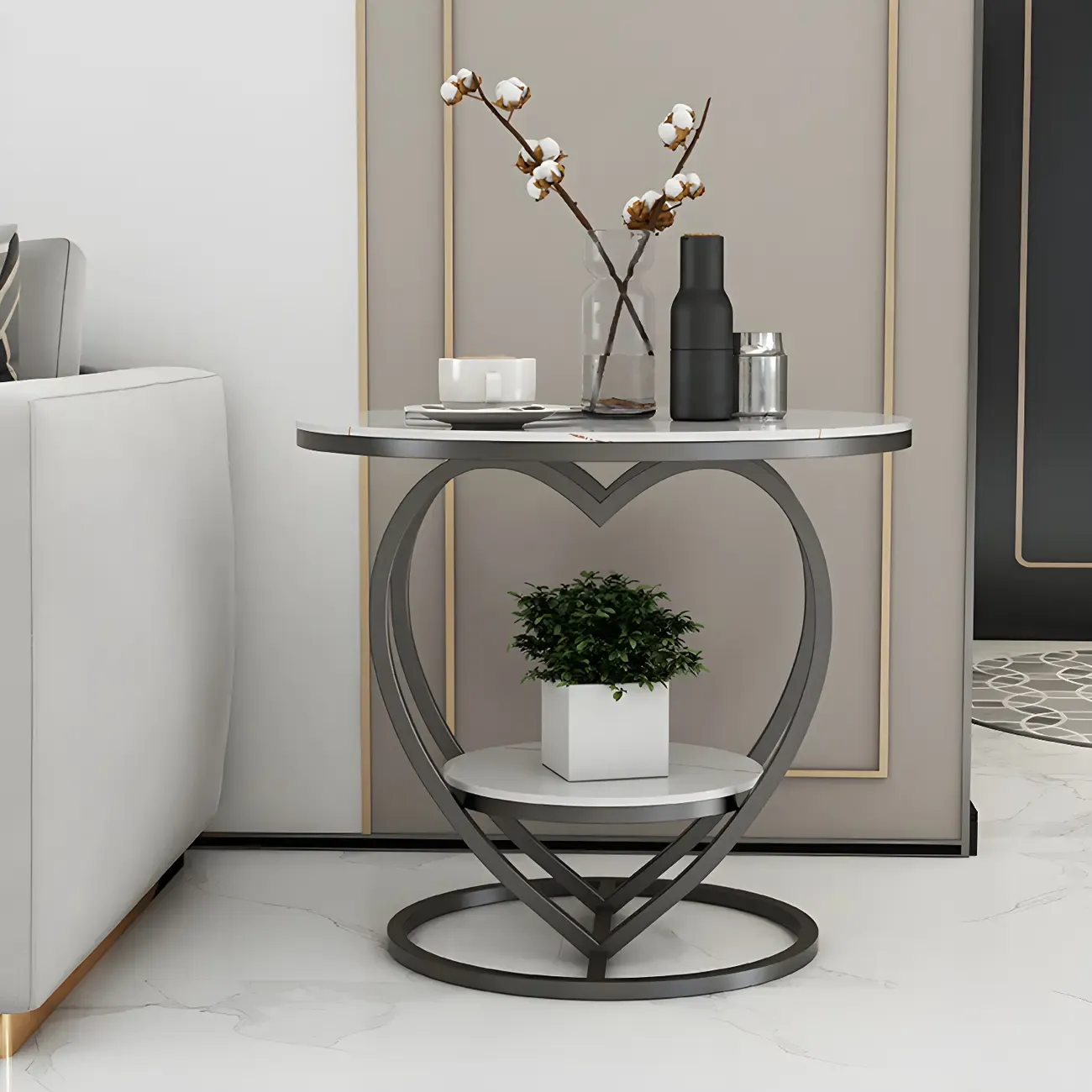 Stylish Round Marble Side Table with Storage and Gold Frame Image - 7
