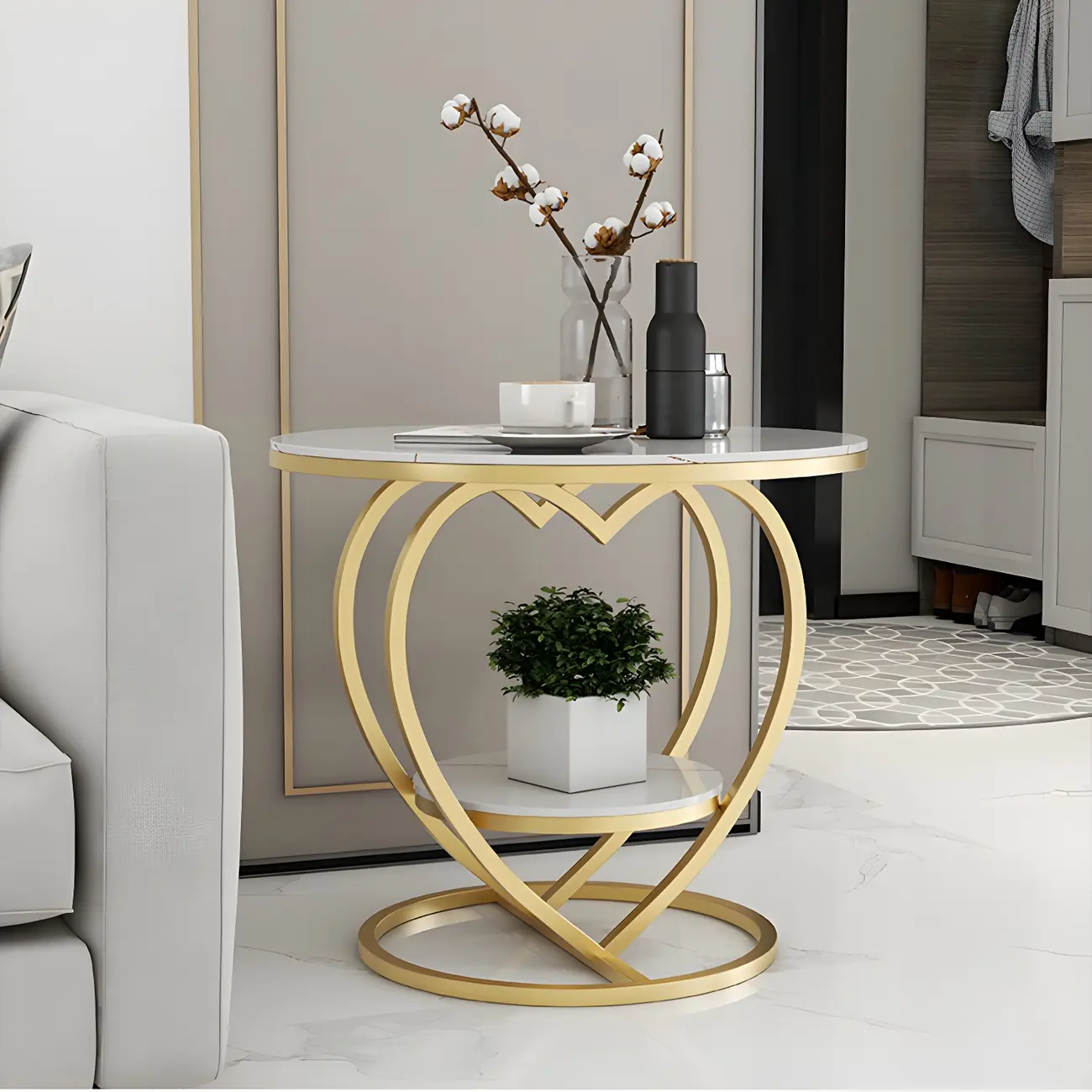 Stylish Round Marble Side Table with Storage and Gold Frame Image - 8 | homeyfad