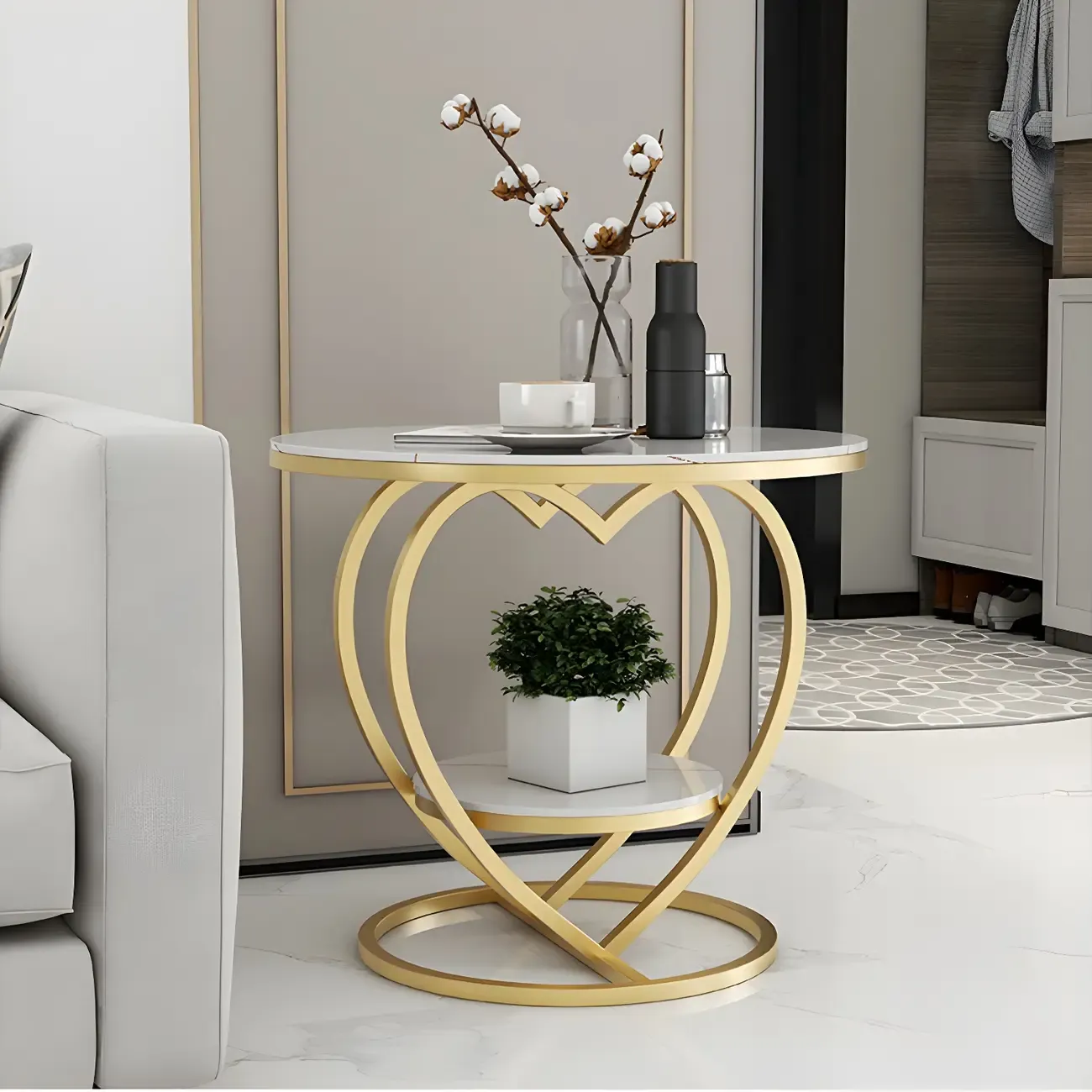 Stylish Round Marble Side Table with Storage and Gold Frame Image - 8