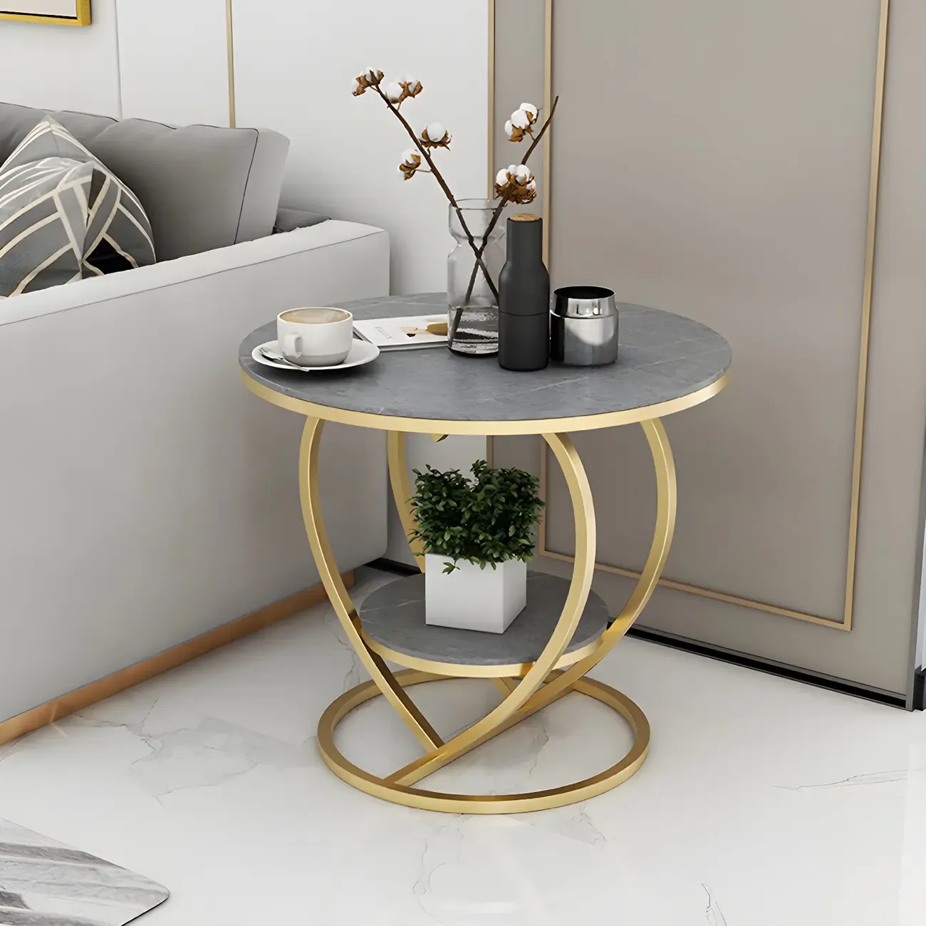 Stylish Round Marble Side Table with Storage and Gold Frame Image - 9