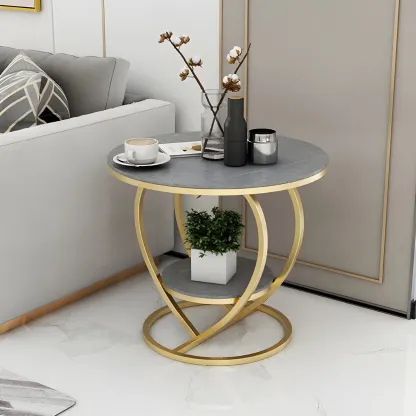 Stylish Round Marble Side Table with Storage and Gold Frame Image - 9