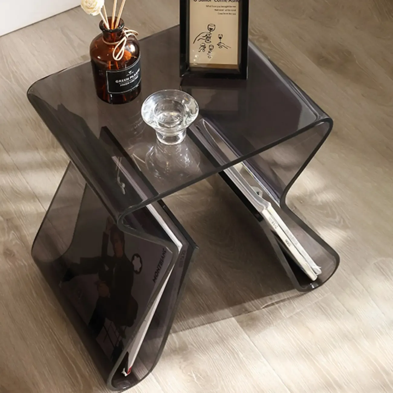 Gray Acrylic Side Table with Magazine Rack for Living Room Image - 1