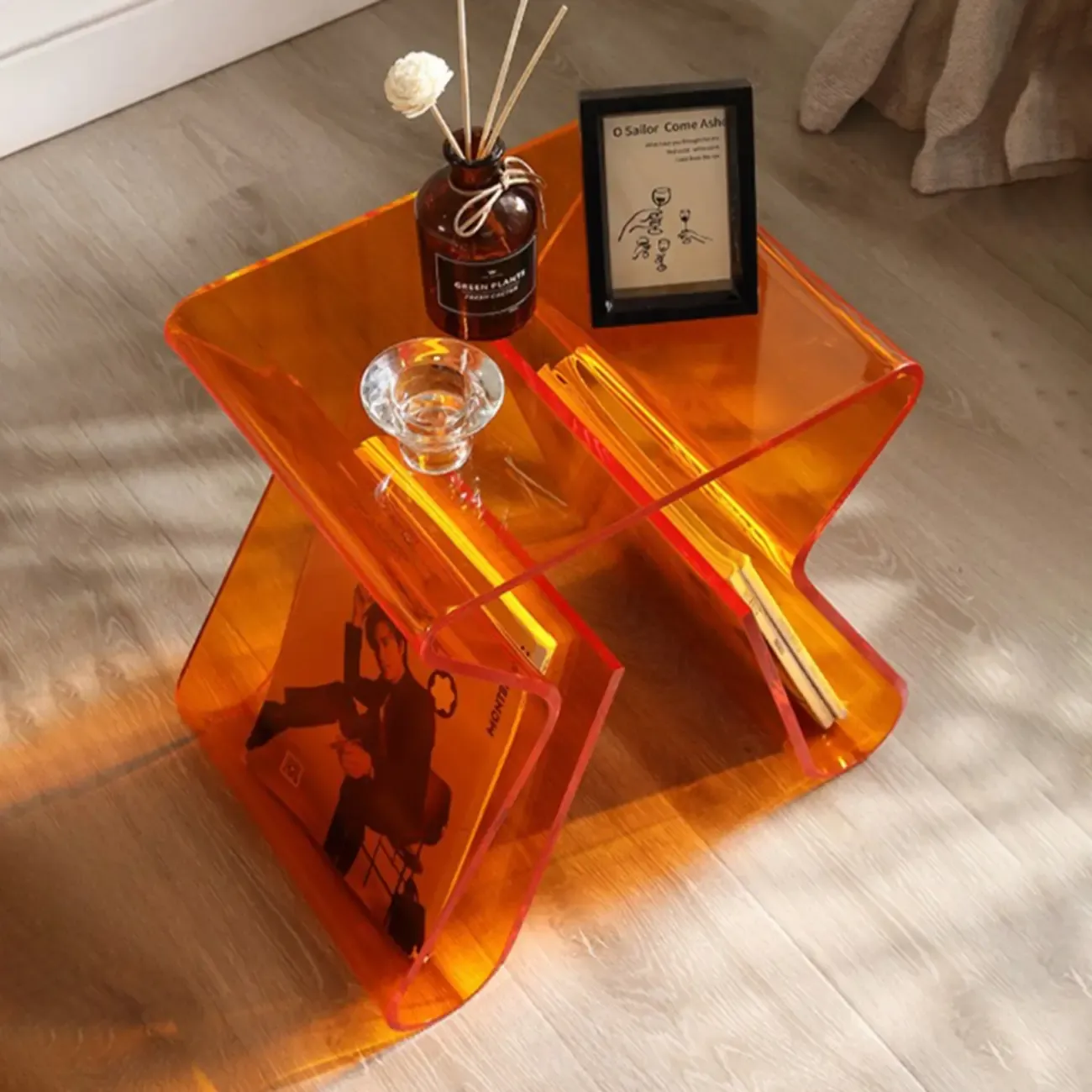 Gray Acrylic Side Table with Magazine Rack for Living Room Image - 6