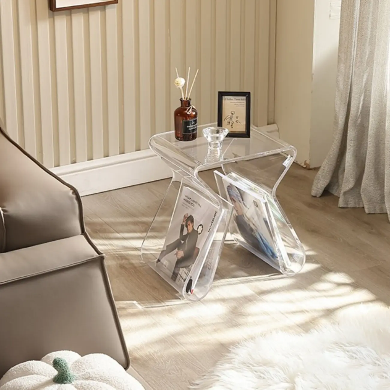 Gray Acrylic Side Table with Magazine Rack for Living Room Image - 12 | homeyfad