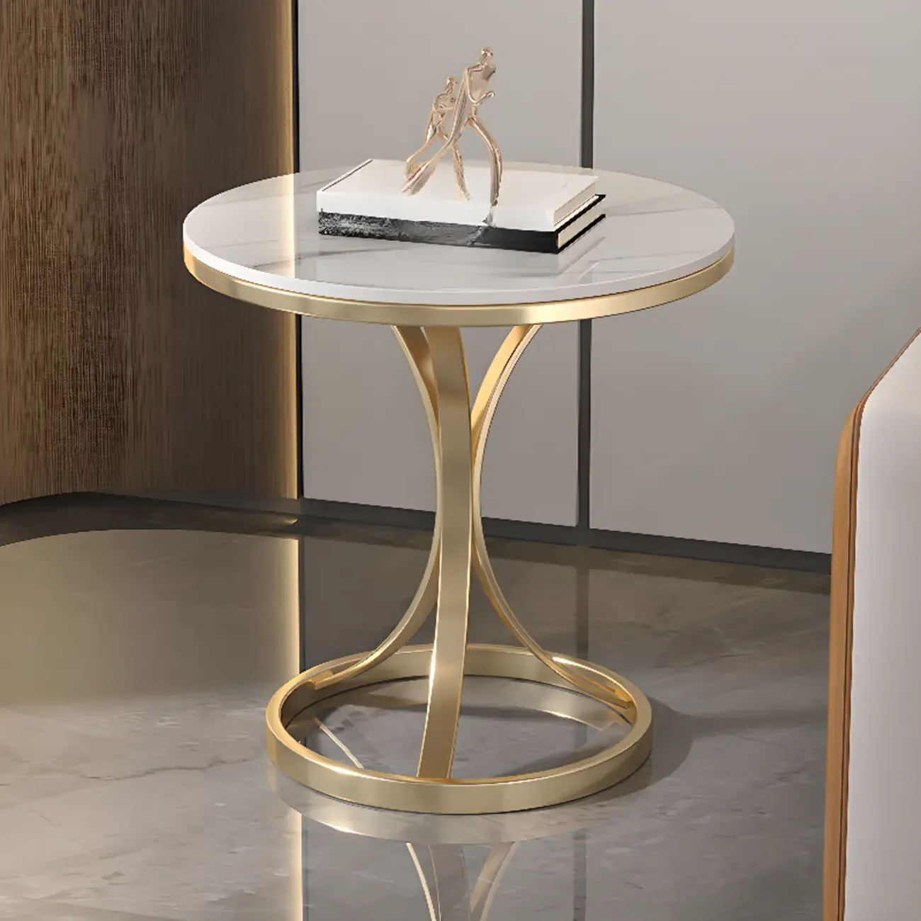 Round Gold Metal and Marble End Table for Living Room Image - 1