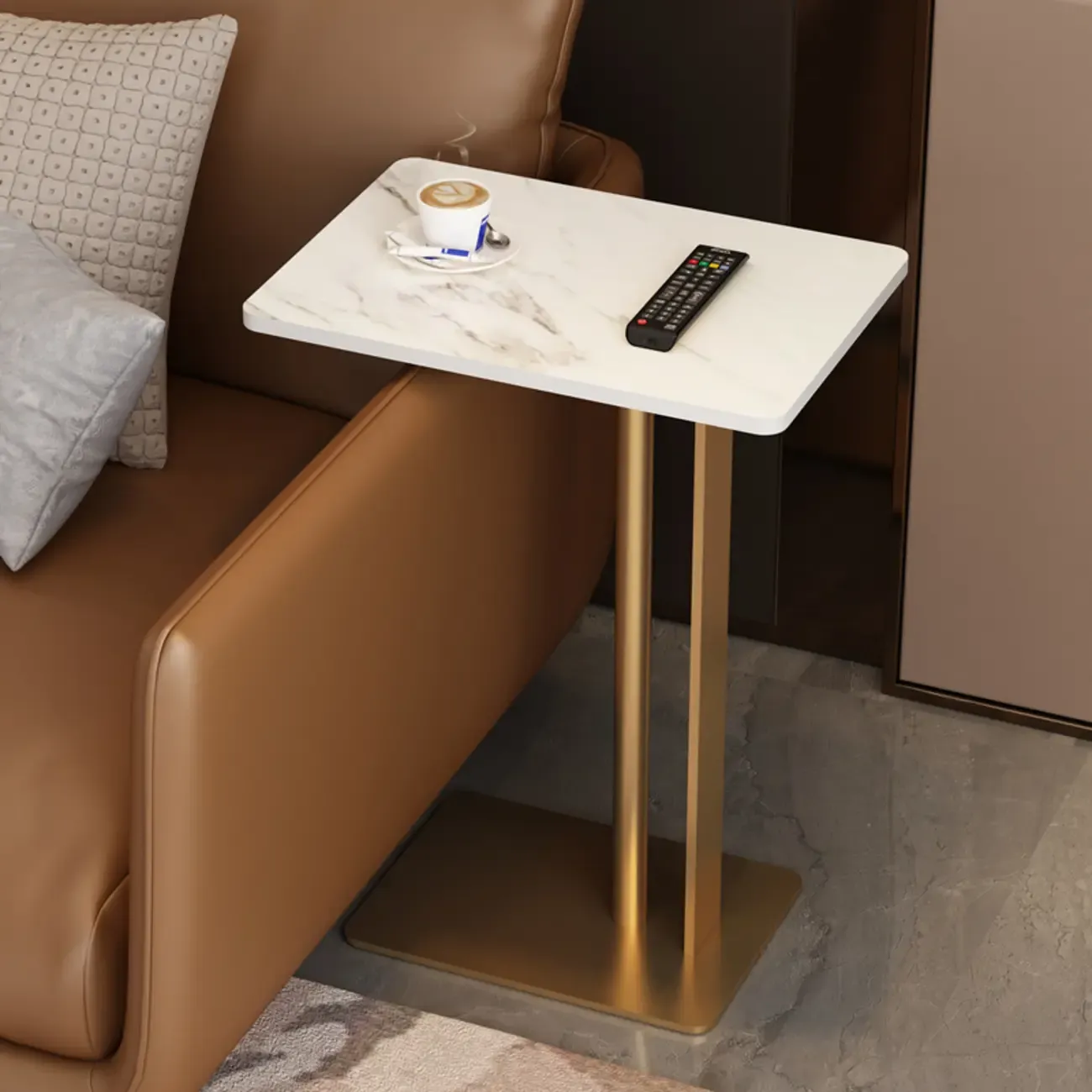 Minimalist C-Shaped White Marble Side Table for Sofa Image - 11