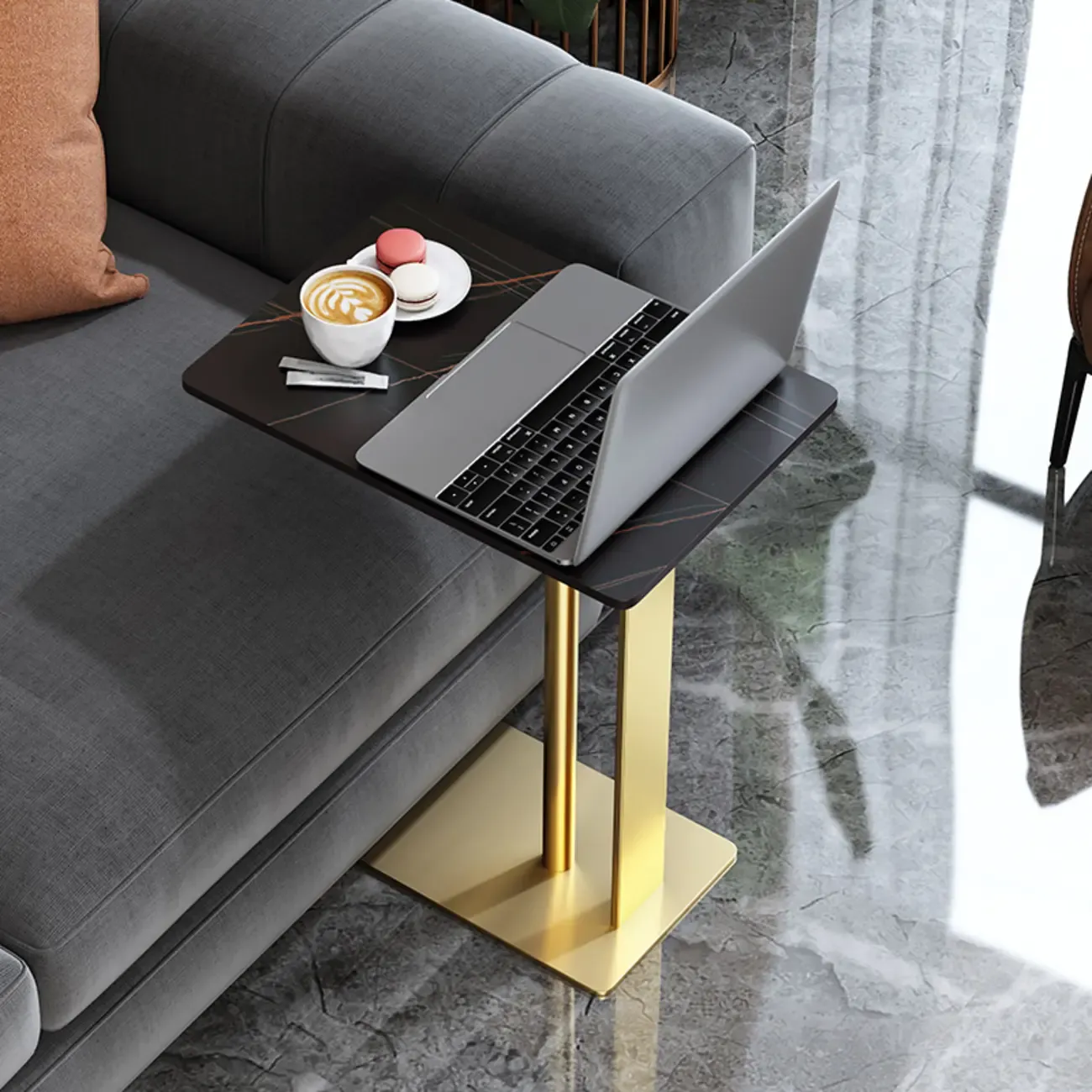 Minimalist C-Shaped White Marble Side Table for Sofa Image - 12