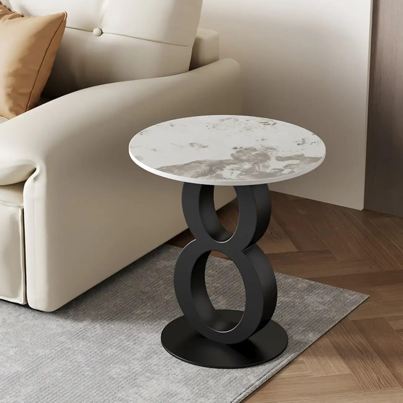 Round Stone Top Side Table with Hollow Infinity Base Design | HomeyFad