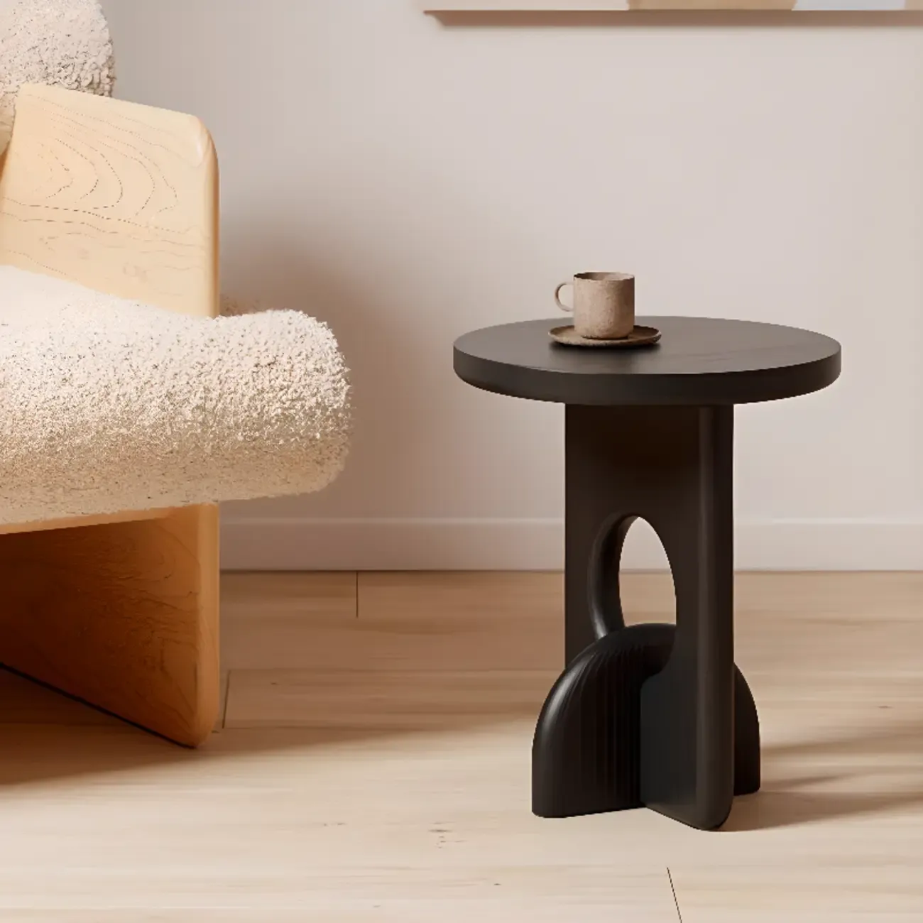 Unique Round Black Solid Wood End Table for Living Room Image - 1