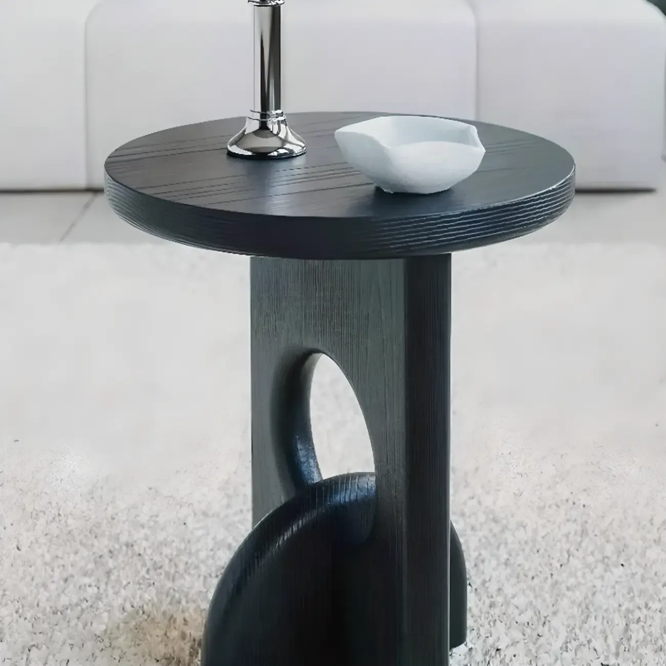 Unique Round Black Solid Wood End Table for Living Room Image - 10
