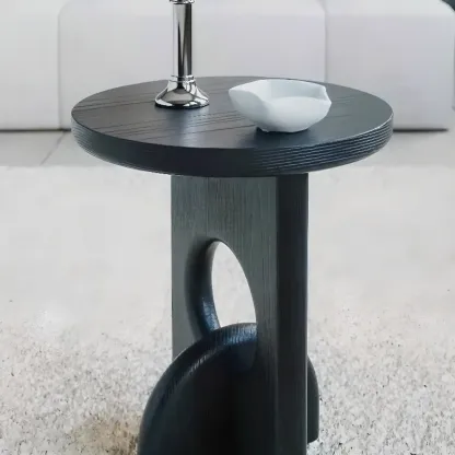 Unique Round Black Solid Wood End Table for Living Room Image - 10