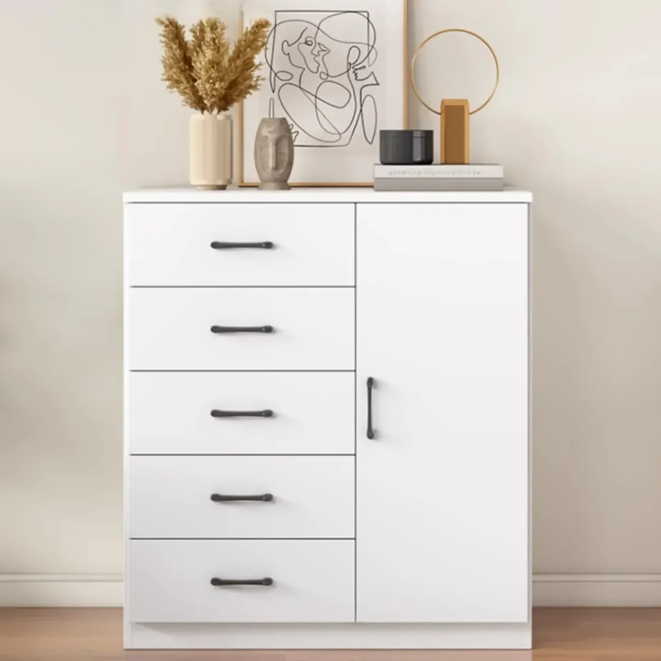 Minimalist White Storage Cabinet with Soft Close & Drawers  Image - 44