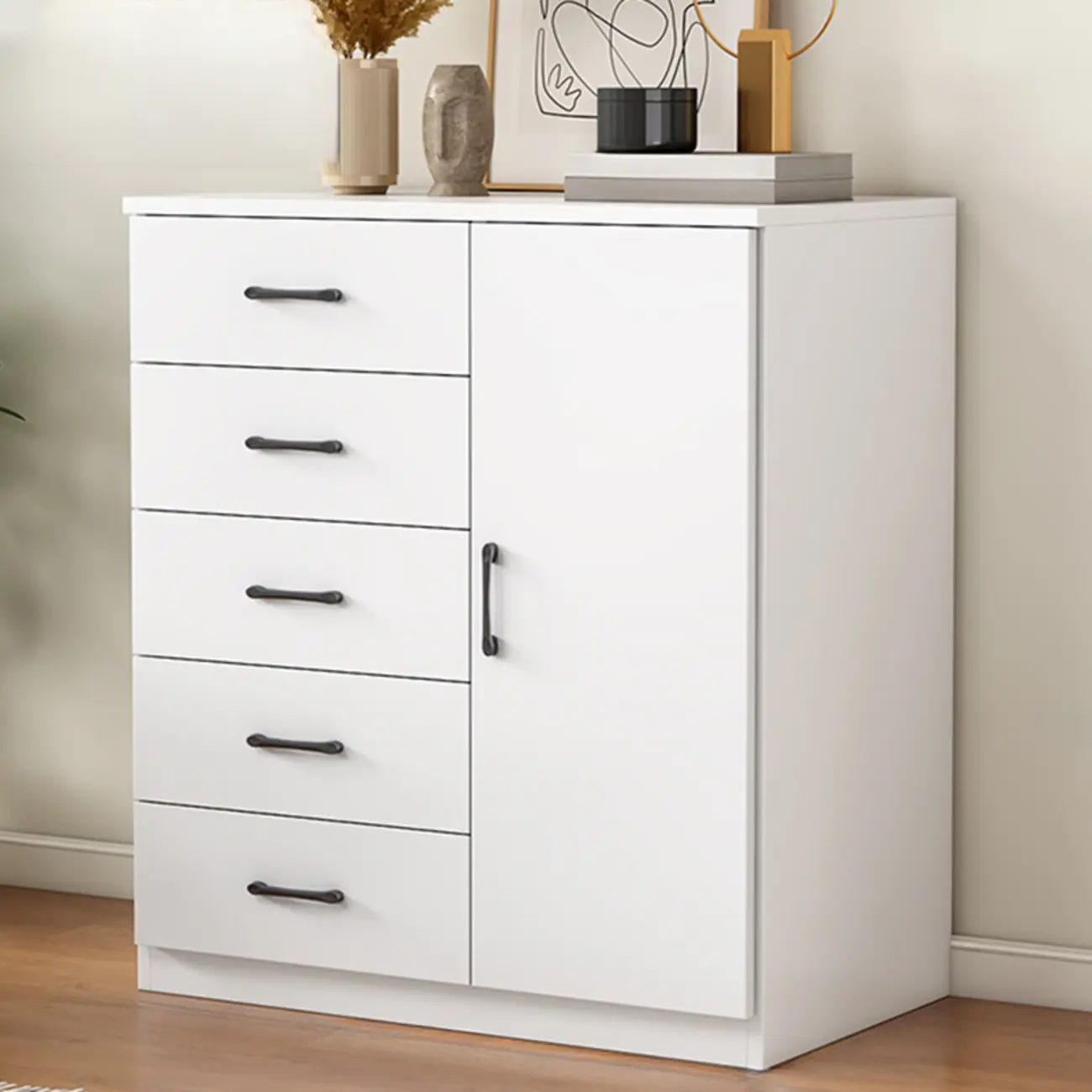 Minimalist White Storage Cabinet with Soft Close & Drawers  Image - 2 | homeyfad