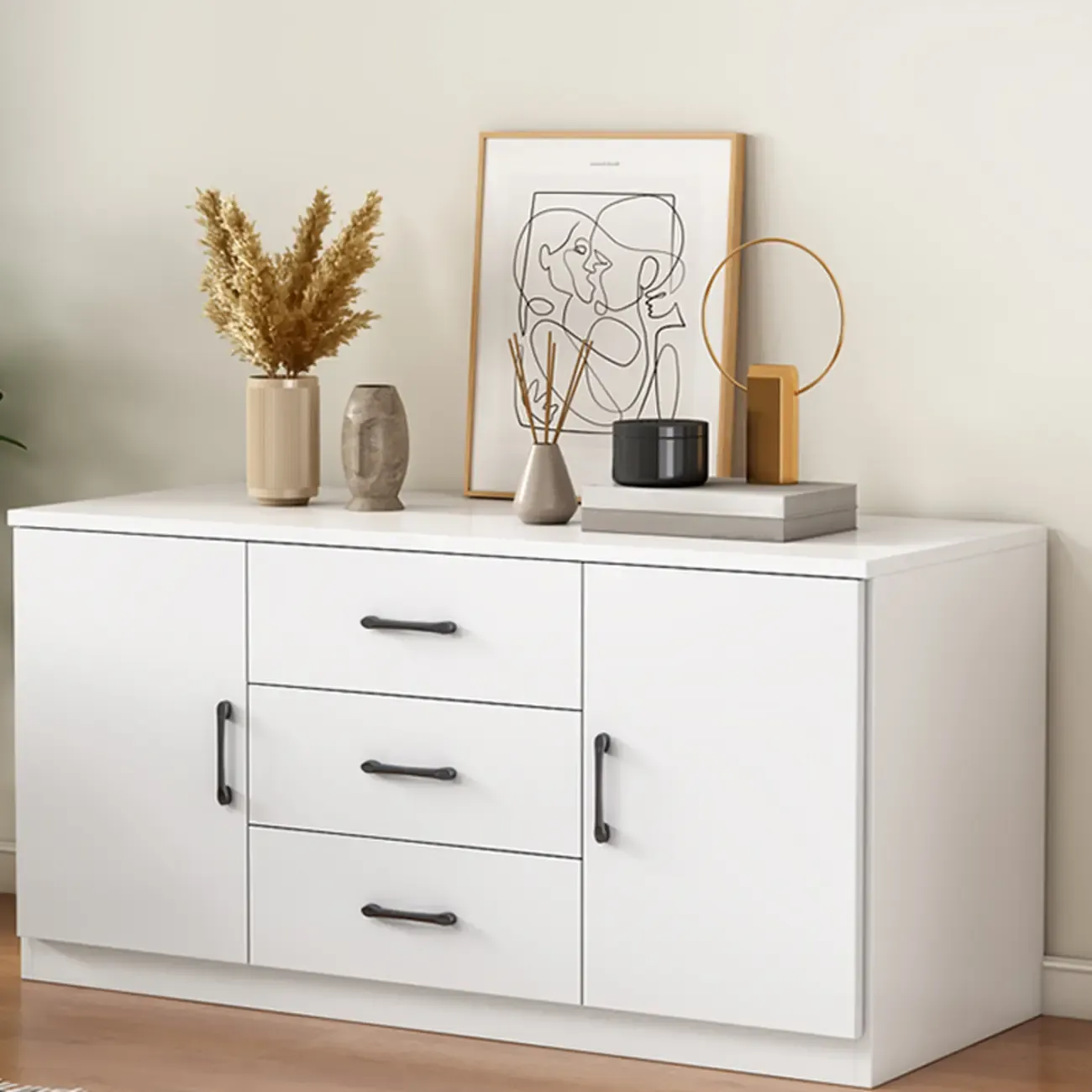 Minimalist White Storage Cabinet with Soft Close & Drawers  Image - 3