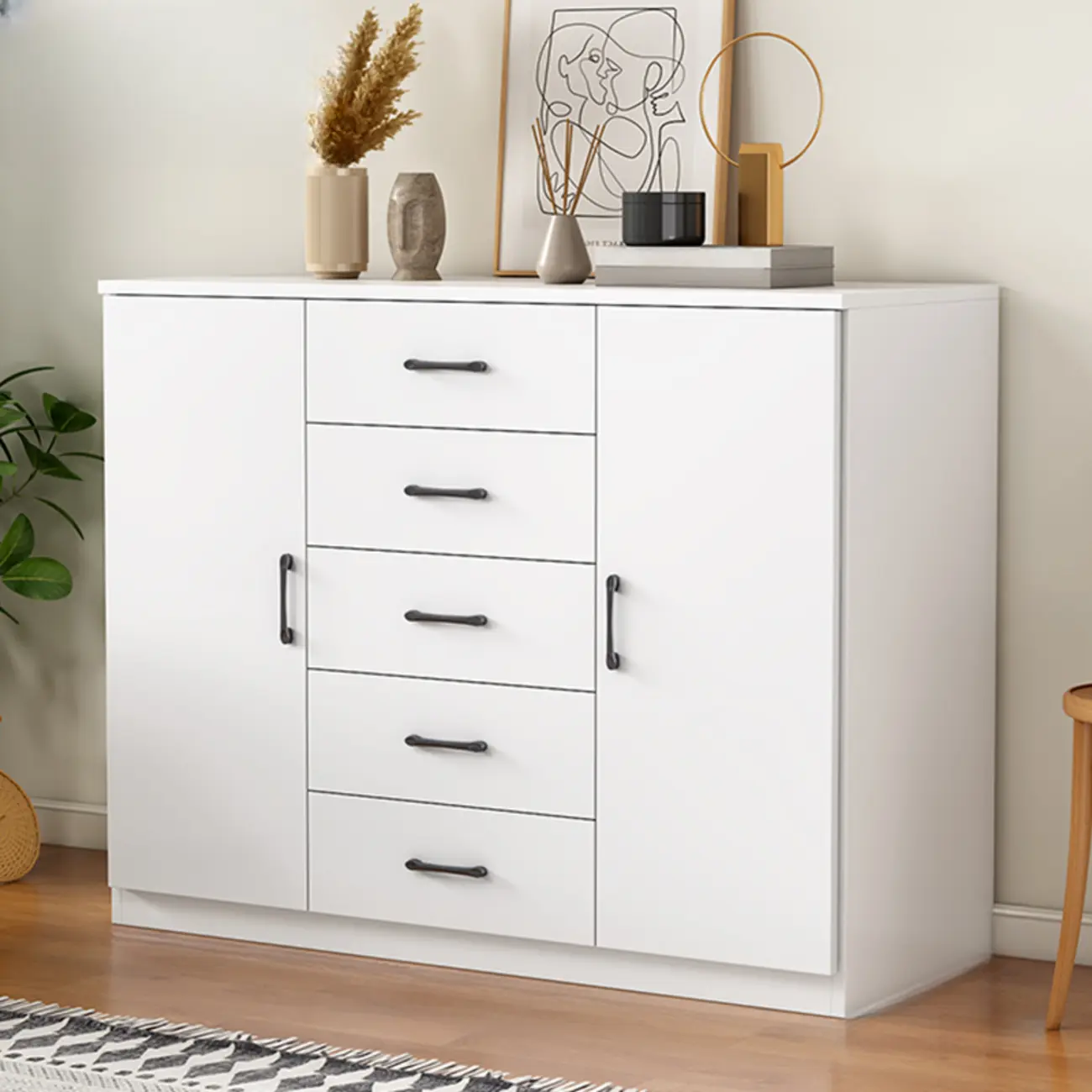 Minimalist White Storage Cabinet with Soft Close & Drawers  Image - 5 | homeyfad