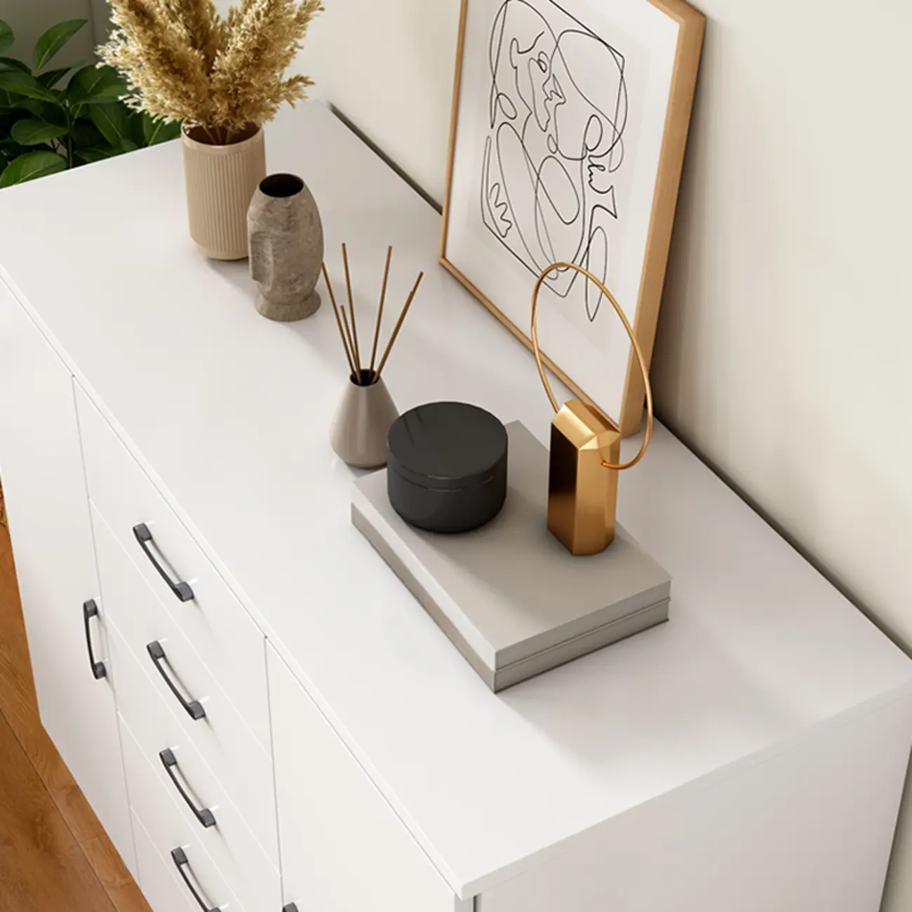 Minimalist White Storage Cabinet with Soft Close & Drawers  Image - 7 | homeyfad