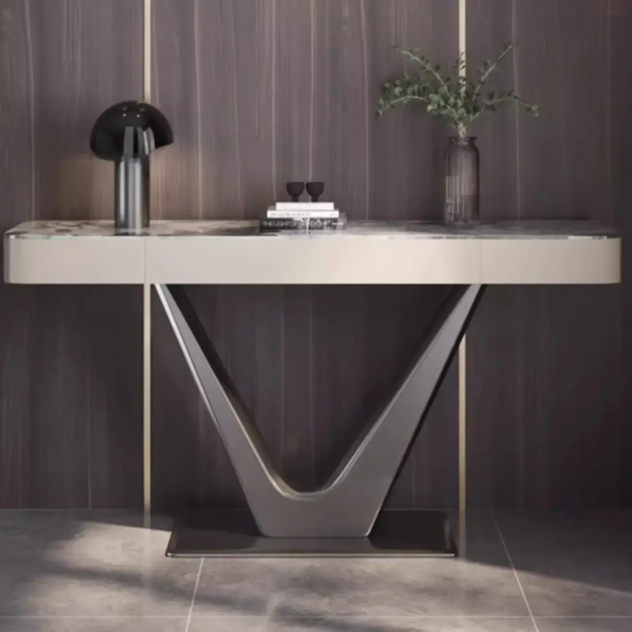 Modern Gray Rectangular Marble Top Metal Base Console Table Image - 3