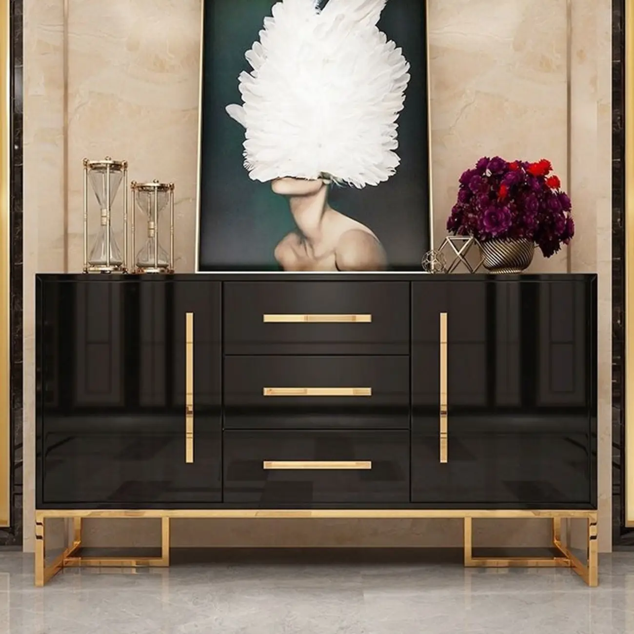 Glam Black Rectangle Accent Cabinets with Drawers & Doors Image - 1 | homeyfad