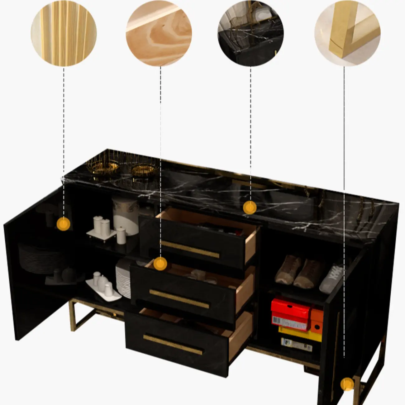 Glam Black Rectangle Accent Cabinets with Drawers & Doors Image - 6 | homeyfad