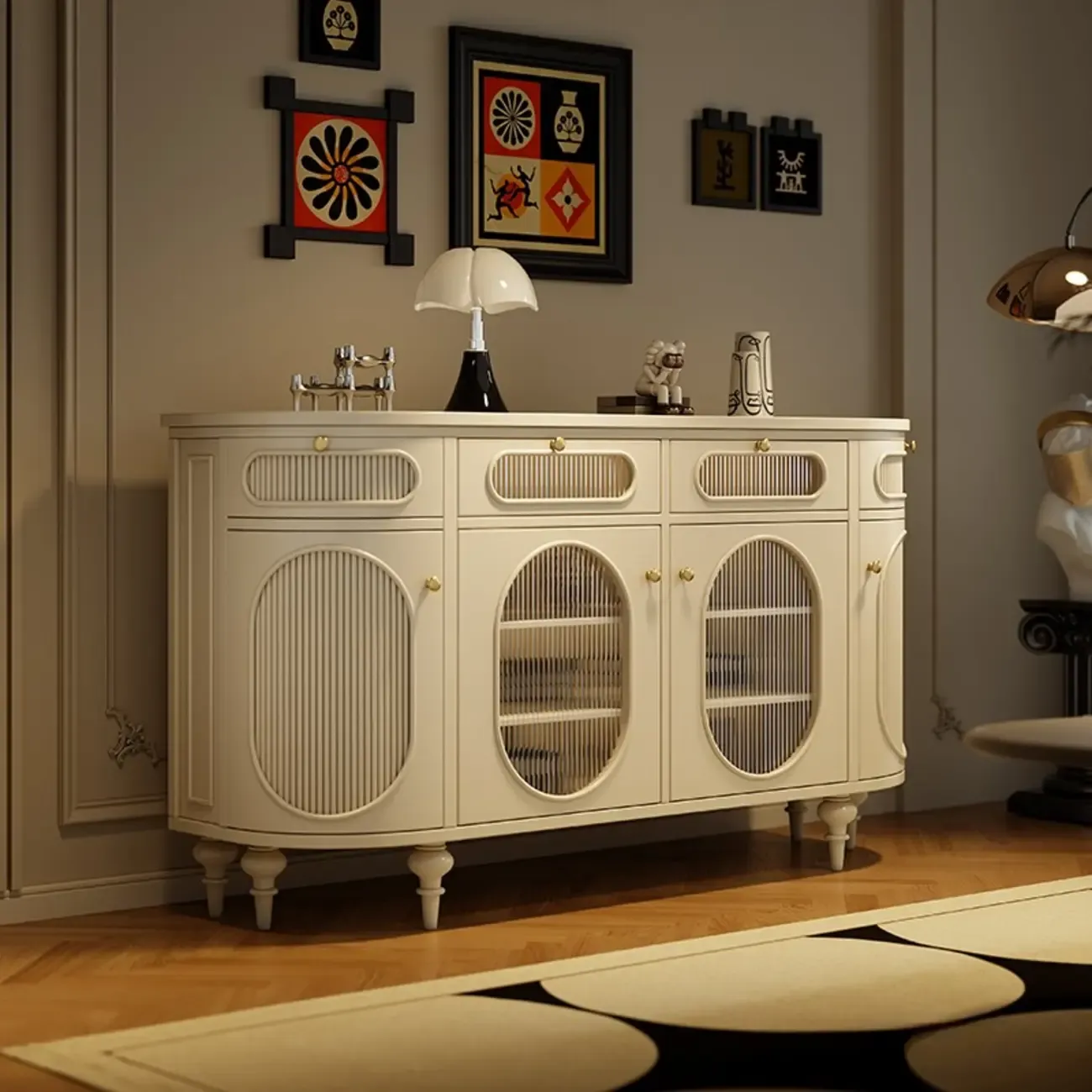 Free-standing Elegant Cabinet with Glass Doors & Drawers Image - 2