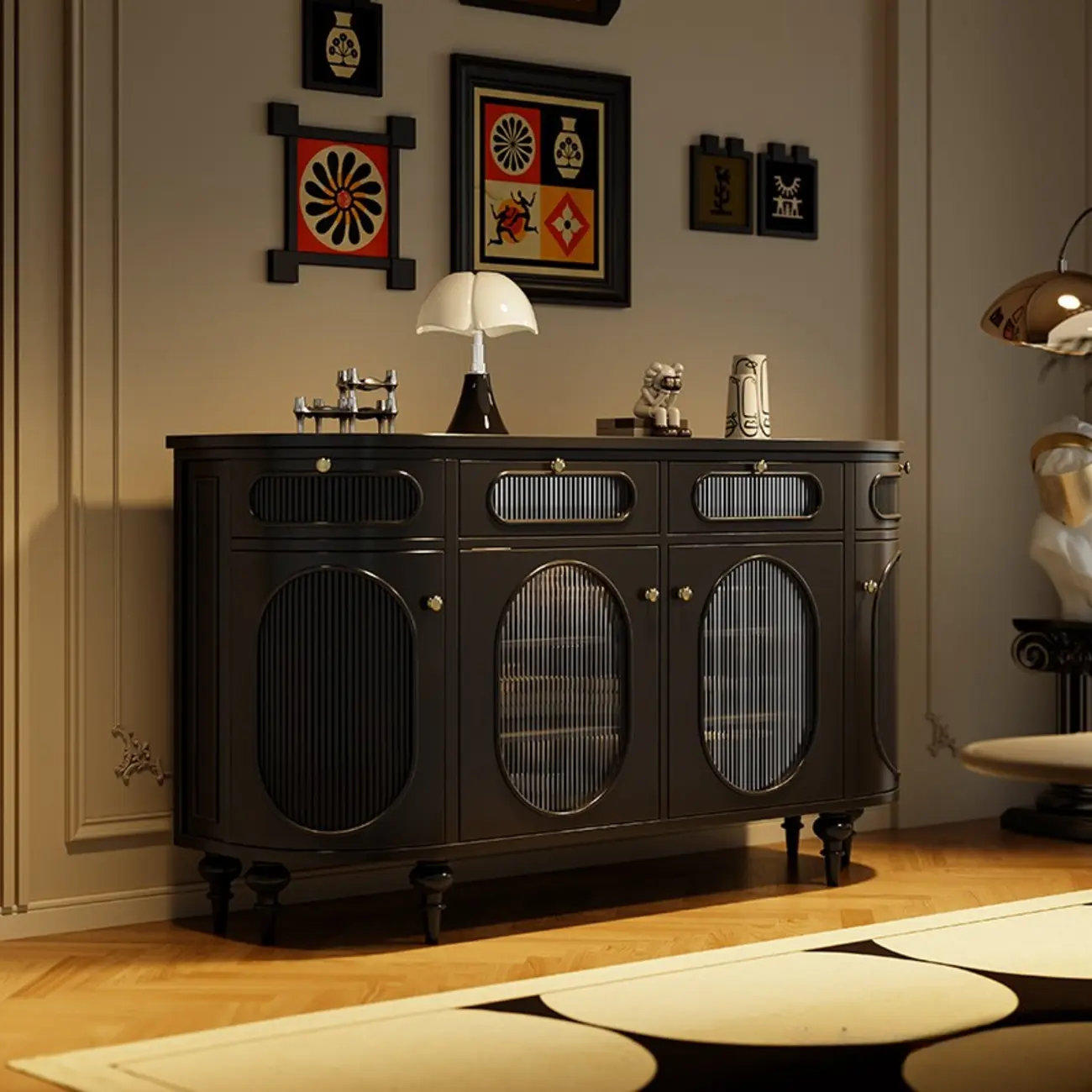 Free-standing Elegant Cabinet with Glass Doors & Drawers Image - 3 | homeyfad