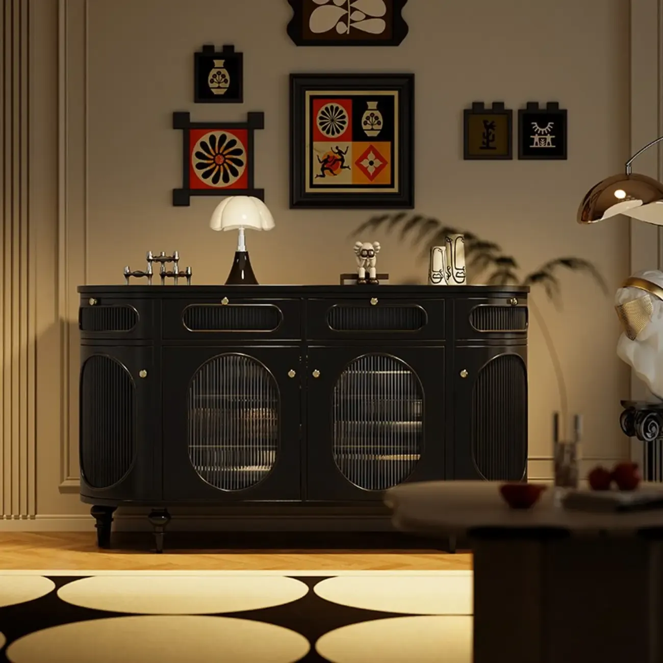 Free-standing Elegant Cabinet with Glass Doors & Drawers Image - 4