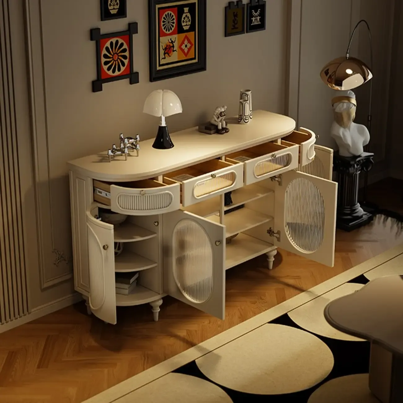 Free-standing Elegant Cabinet with Glass Doors & Drawers Image - 5