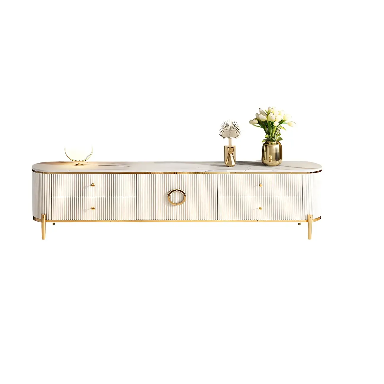 Glam White Stone TV Stand with Drawers and Legs for Home Image - 6