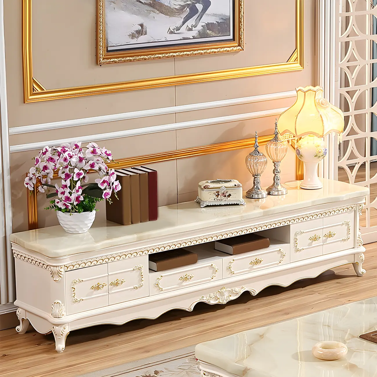 Glam Marble Top TV Stand with Drawers for Living Room Image - 1 | homeyfad