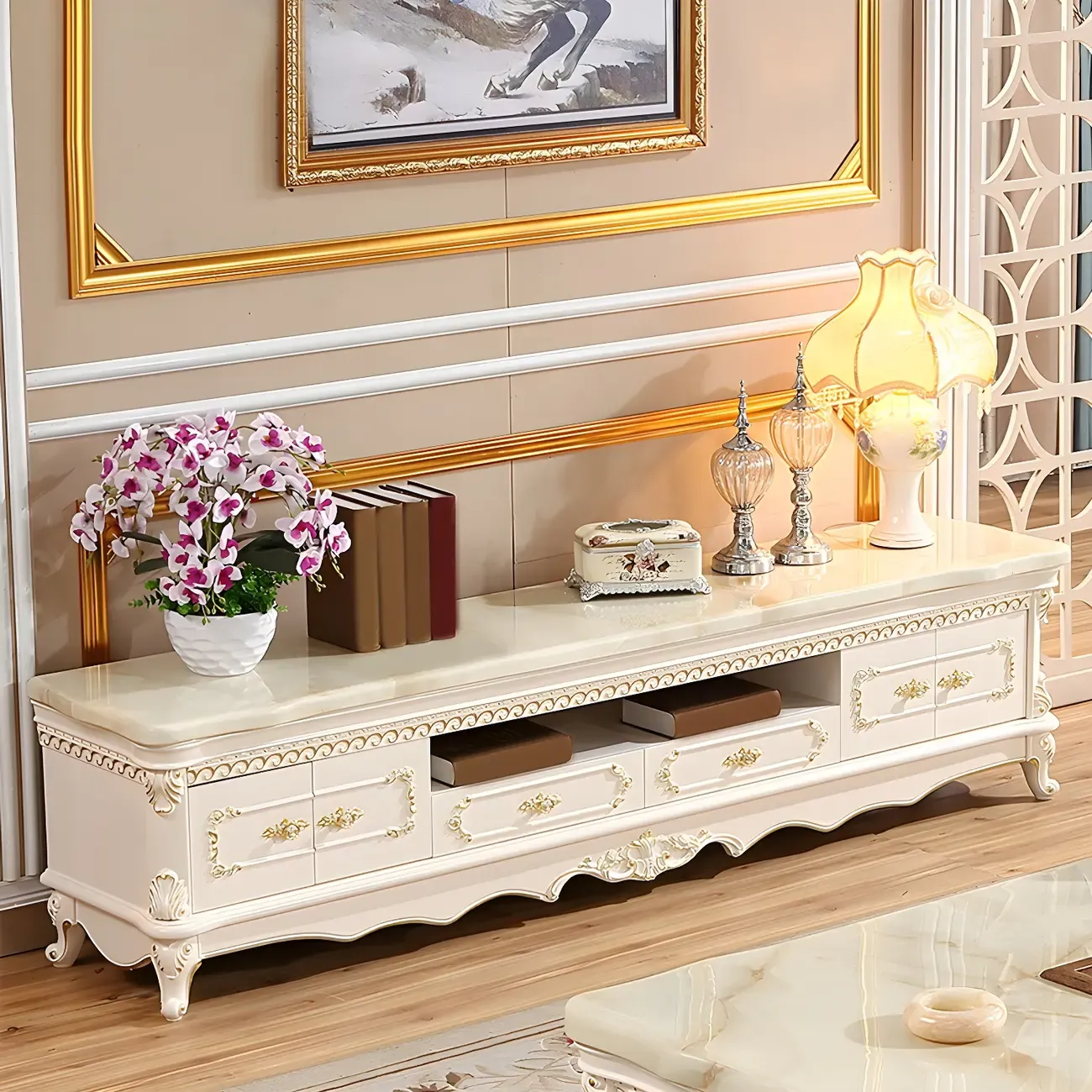 Glam Marble Top TV Stand with Drawers for Living Room Image - 1