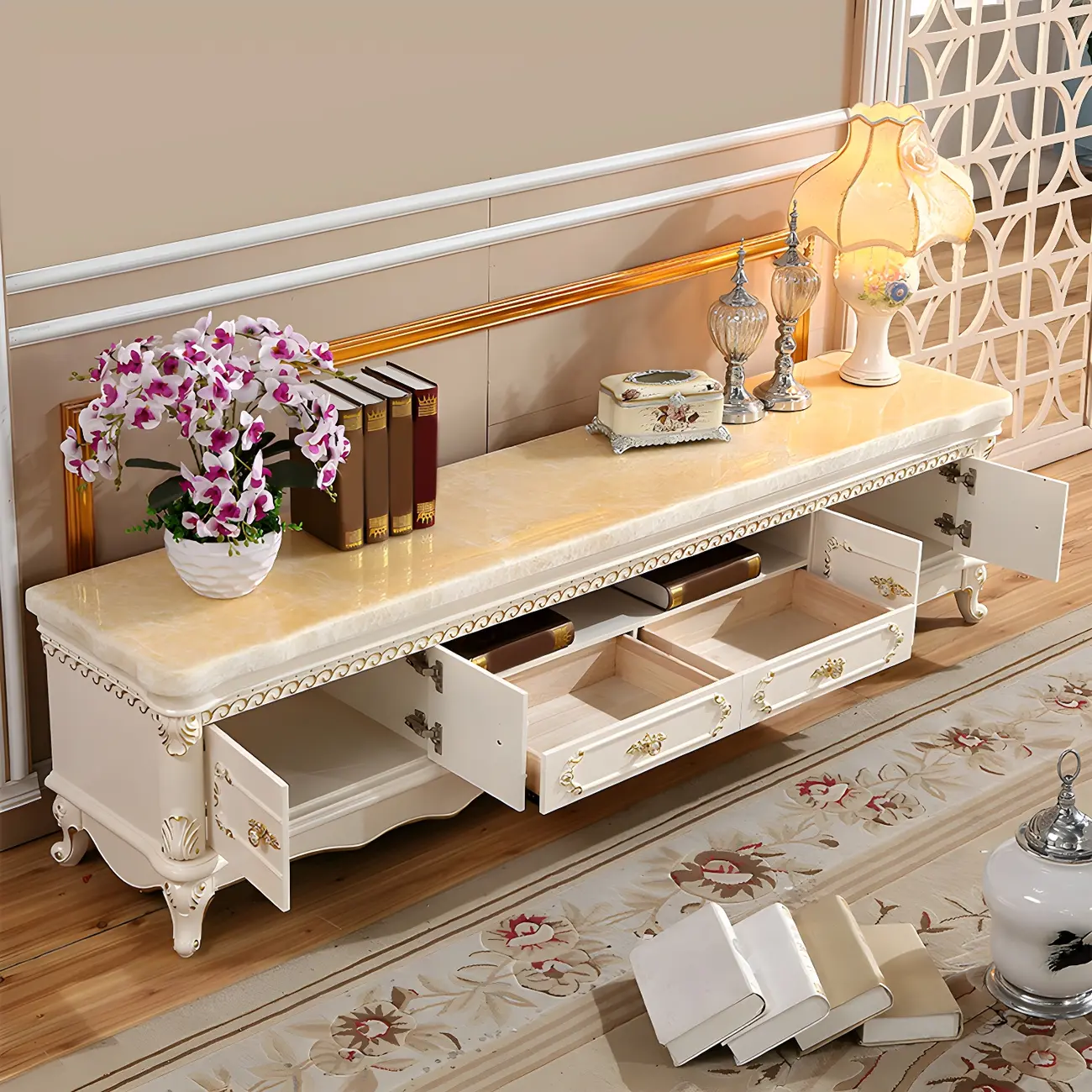Glam Marble Top TV Stand with Drawers for Living Room Image - 2 | homeyfad