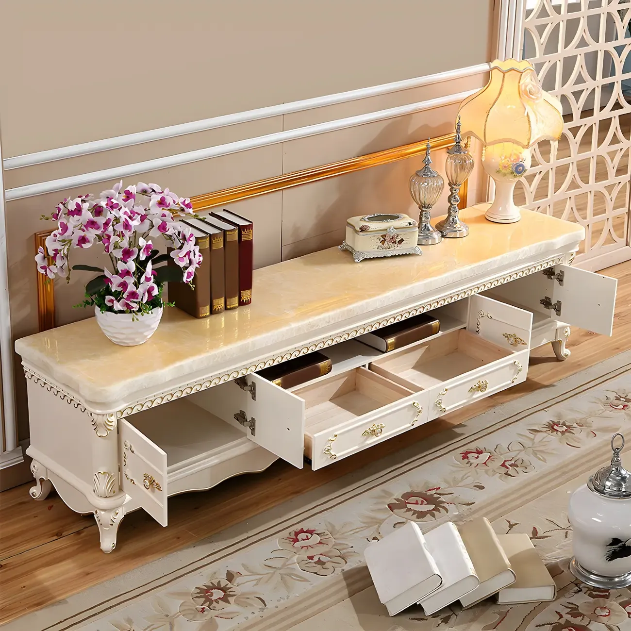 Glam Marble Top TV Stand with Drawers for Living Room - HomeyFad