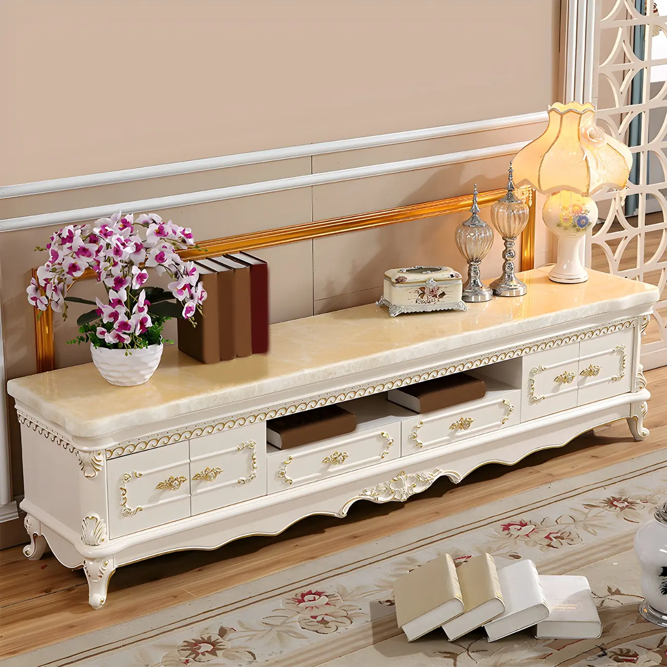 Glam Marble Top TV Stand with Drawers for Living Room Image - 3 | homeyfad