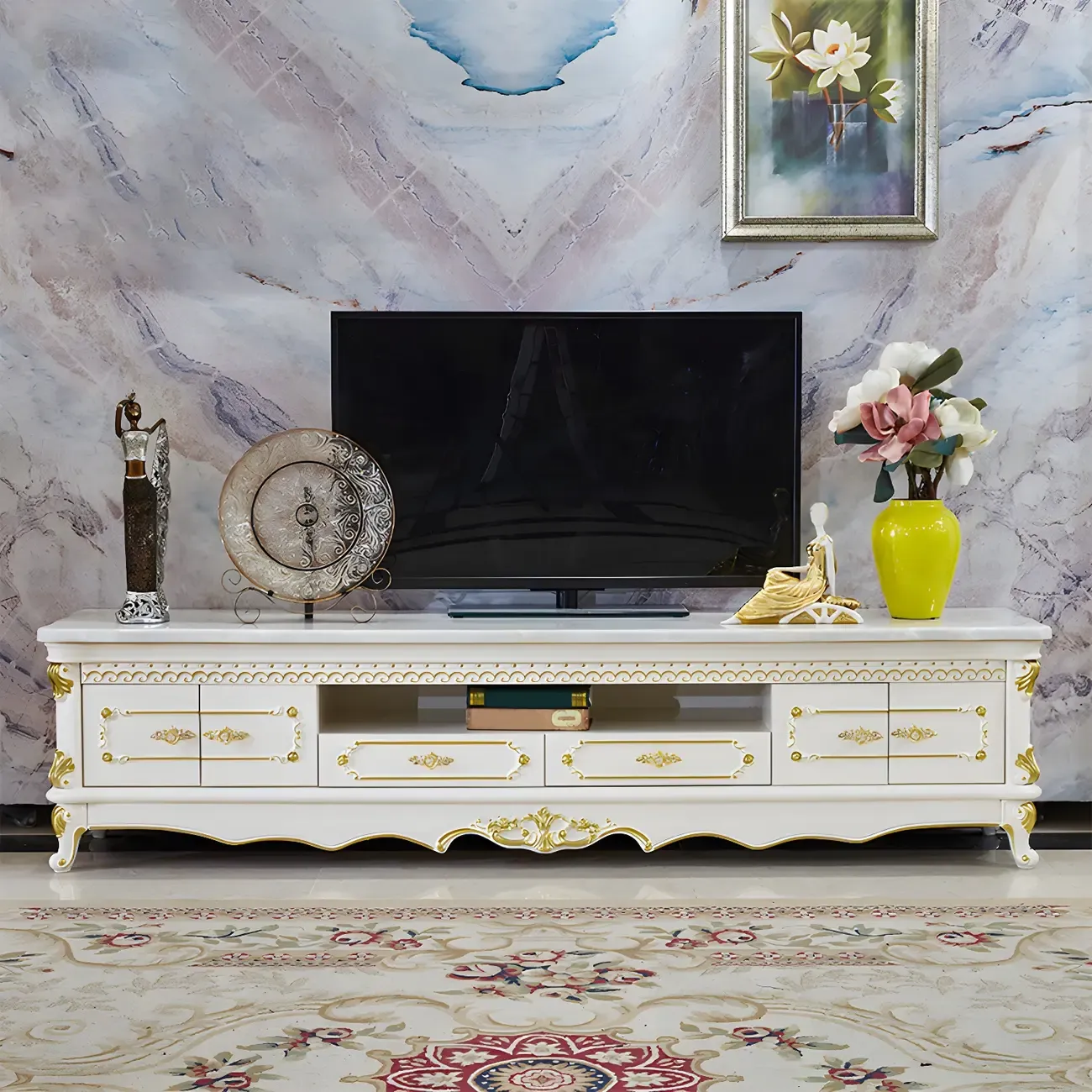 Glam Marble Top TV Stand with Drawers for Living Room Image - 4