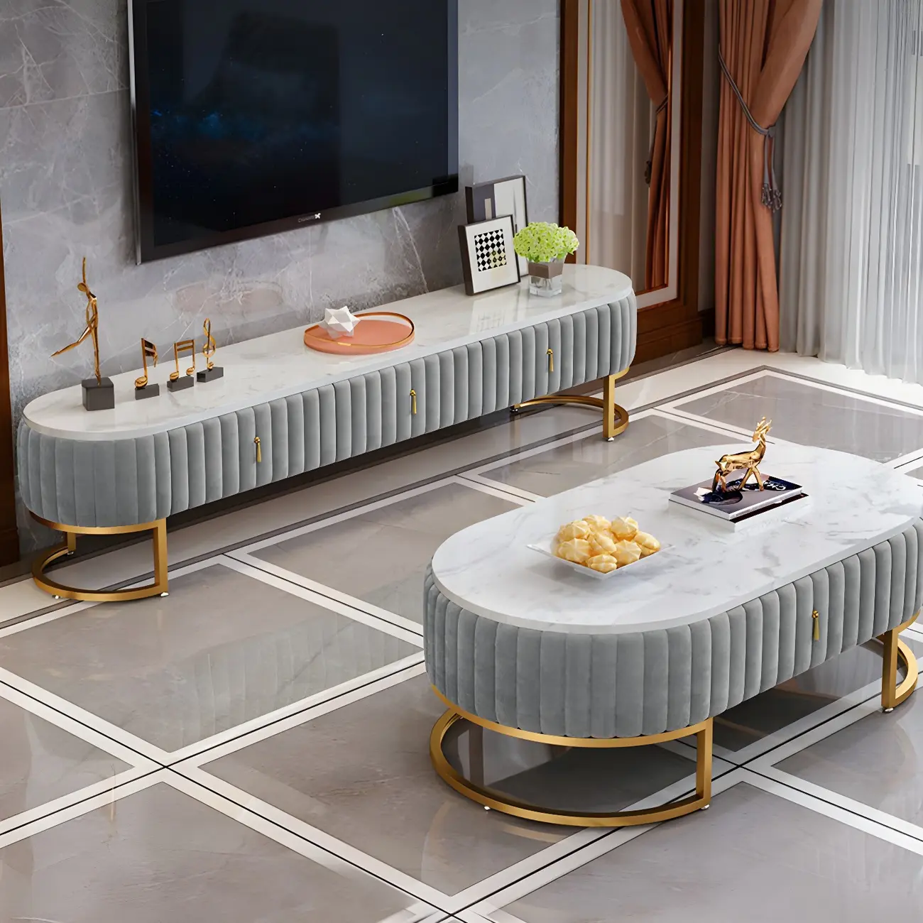 Nordic Marble TV Stand with Enclosed Storage for Living Room Image - 1 | homeyfad