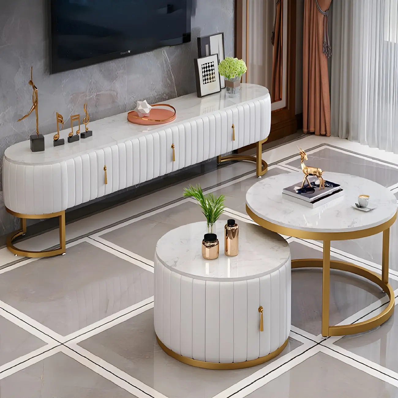 Nordic Marble TV Stand with Enclosed Storage for Living Room Image - 8 | homeyfad