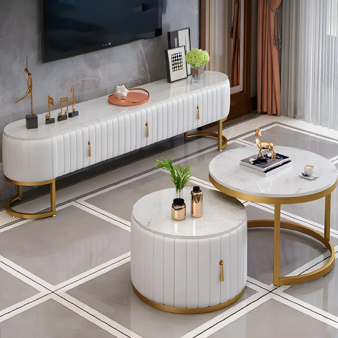 Nordic Marble TV Stand with Enclosed Storage for Living Room Image - 8