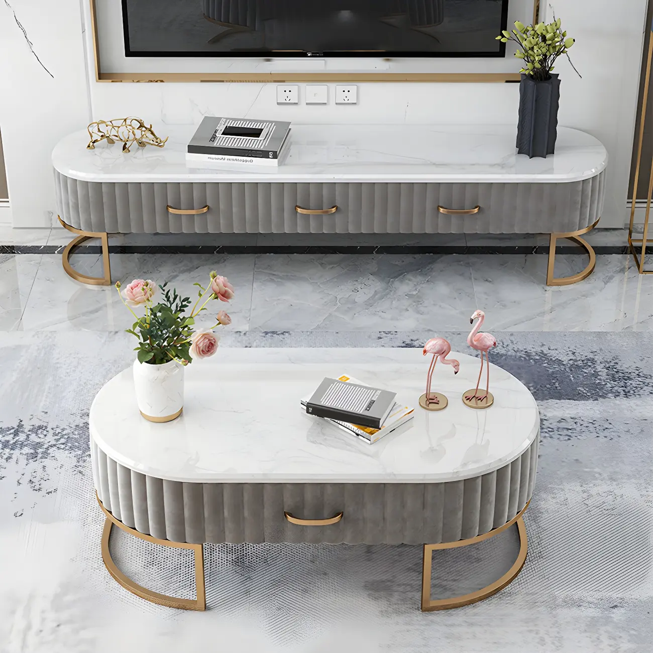 Nordic Marble TV Stand with Enclosed Storage for Living Room Image - 13 | homeyfad