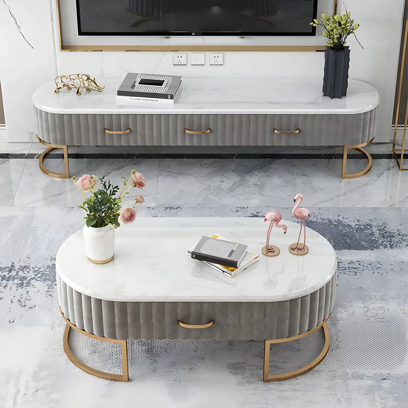 Nordic Marble TV Stand with Enclosed Storage for Living Room Image - 13