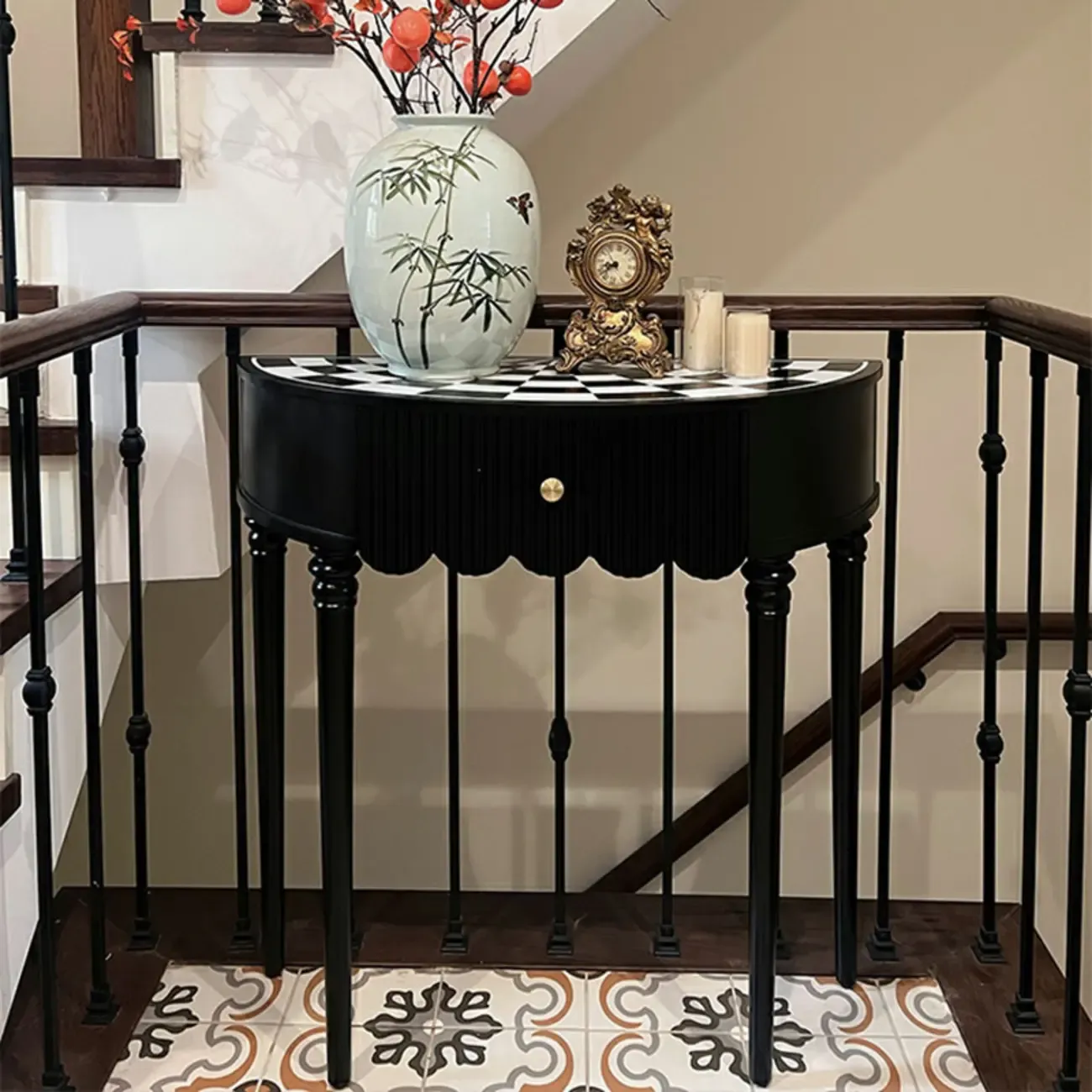 Mid-Century Black Wooden Half-Moon Console Table Image - 1